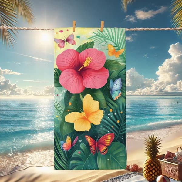 Bomclap Strandhåndklæde 70x140cm - Hibiscusblumen und Schmetterlinge - Motiv - Badehåndklæde Rejsehåndklæde