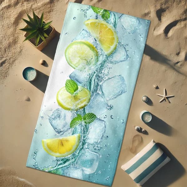 Bomclap Rantapyyhe 70x140cm - Zitronen - und Eiswürfel - Design - Kylpypyyhe Matkapyyhe