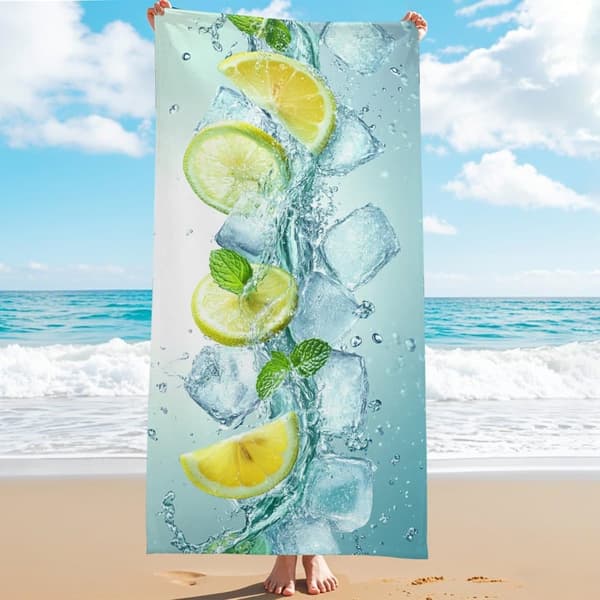 Bomclap Rantapyyhe 70x140cm - Zitronen - und Eiswürfel - Design - Kylpypyyhe Matkapyyhe