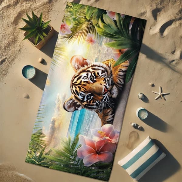 Bomclap Rantapyyhe 70x140cm - Tigerk im tropischen Motif - Kylpypyyhe Matkapyyhe