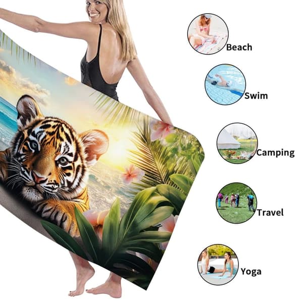 Bomclap Rantapyyhe 70x140cm - Tigerk im tropischen Motif - Kylpypyyhe Matkapyyhe