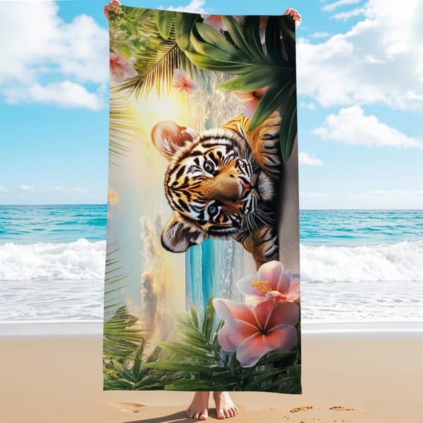 Bomclap Rantapyyhe 70x140cm - Tigerk im tropischen Motif - Kylpypyyhe Matkapyyhe