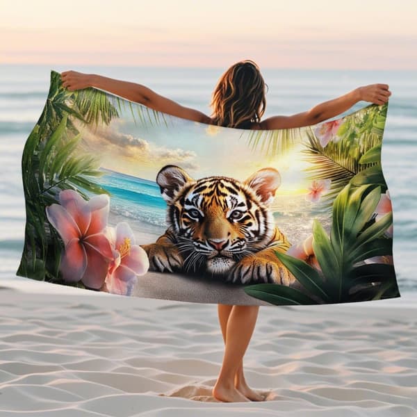 Bomclap Rantapyyhe 70x140cm - Tigerk im tropischen Motif - Kylpypyyhe Matkapyyhe