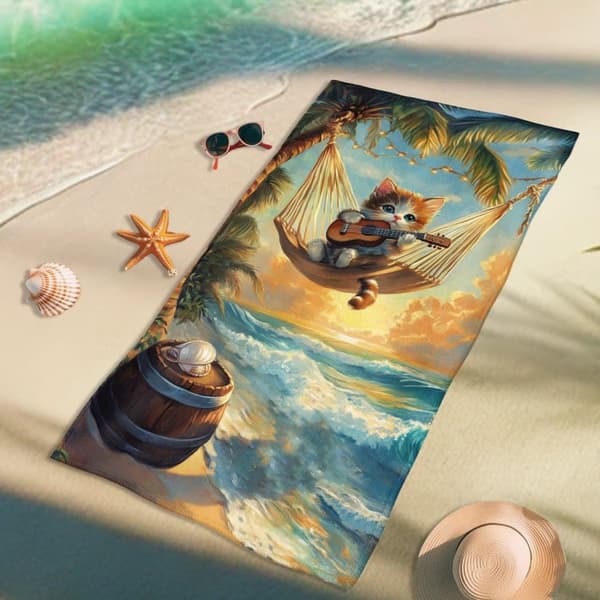 Bomclap Rantapyyhe 70x140cm - Kätzchen im Hammock spielend Guitar - Kylpypyyhe Matkapyyhe