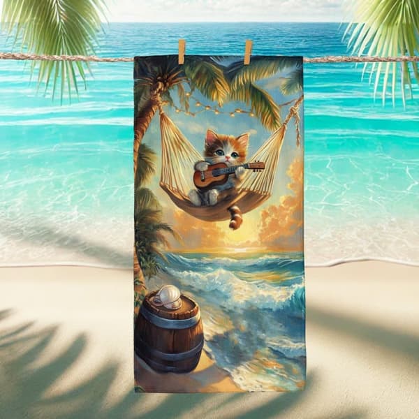 Bomclap Rantapyyhe 70x140cm - Kätzchen im Hammock spielend Guitar - Kylpypyyhe Matkapyyhe