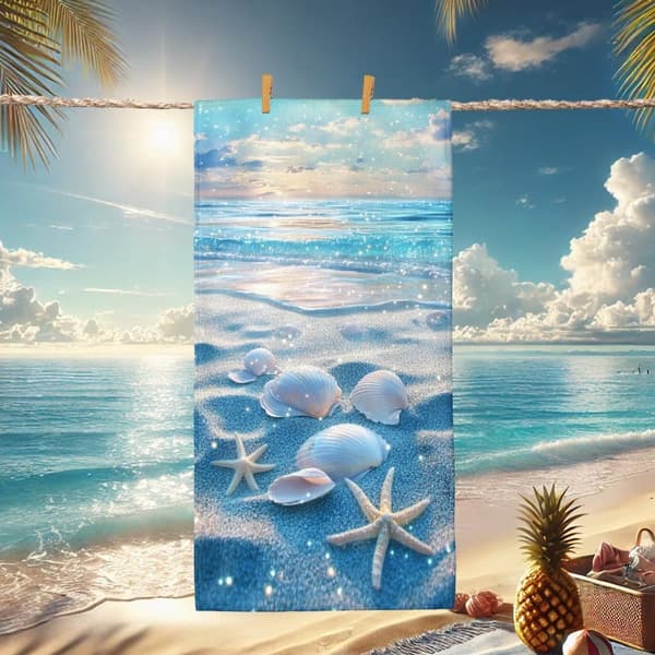 Bomclap Strandhåndklæde 70x140cm - Seestern und Muscheln am Strand - Badehåndklæde Rejsehåndklæde
