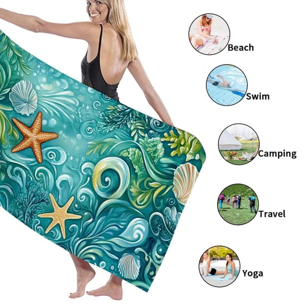 Bomclap Strandhåndklæde 70x140cm - Unterwasser - Motiv mit Seestern und Muscheln - Badehåndklæde Rejsehåndklæde