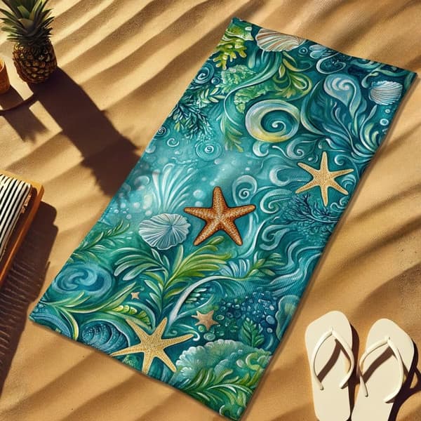 Bomclap Strandhåndklæde 70x140cm - Unterwasser - Motiv mit Seestern und Muscheln - Badehåndklæde Rejsehåndklæde