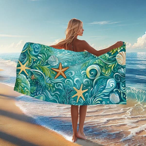 Bomclap Strandhåndklæde 70x140cm - Unterwasser - Motiv mit Seestern und Muscheln - Badehåndklæde Rejsehåndklæde