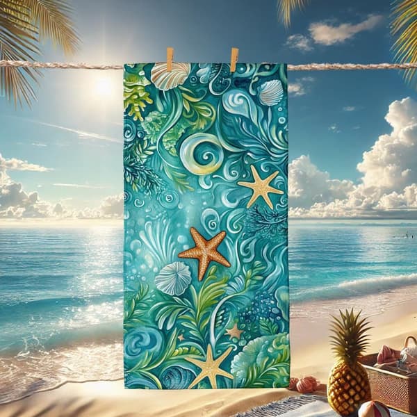 Bomclap Strandhåndklæde 70x140cm - Unterwasser - Motiv mit Seestern und Muscheln - Badehåndklæde Rejsehåndklæde