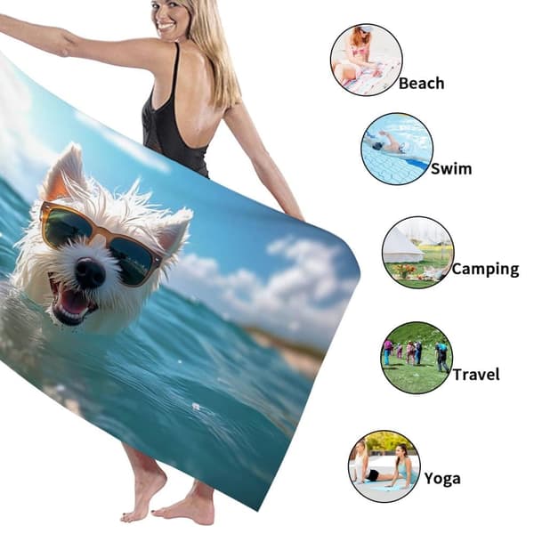 Bomclap Rantapyyhe 70x140cm - Dog mit Sonnenbrille schwimmend - Kylpypyyhe Matkapyyhe