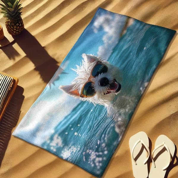 Bomclap Rantapyyhe 70x140cm - Dog mit Sonnenbrille schwimmend - Kylpypyyhe Matkapyyhe