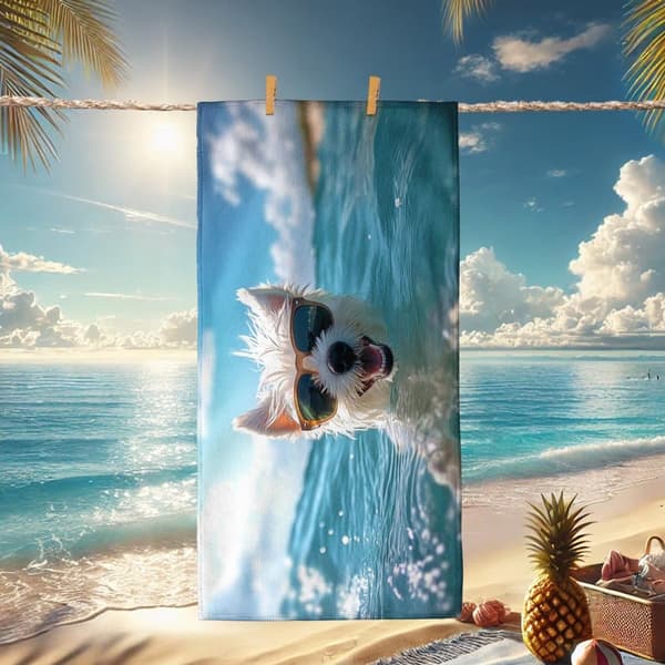 Bomclap Rantapyyhe 70x140cm - Dog mit Sonnenbrille schwimmend - Kylpypyyhe Matkapyyhe