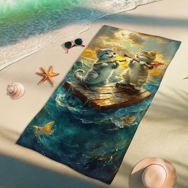 Bomclap Strandhåndklæde 70x140cm - Kätzchen auf Floß float - Badehåndklæde Rejsehåndklæde