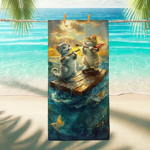 Bomclap Strandhåndklæde 70x140cm - Kätzchen auf Floß float - Badehåndklæde Rejsehåndklæde