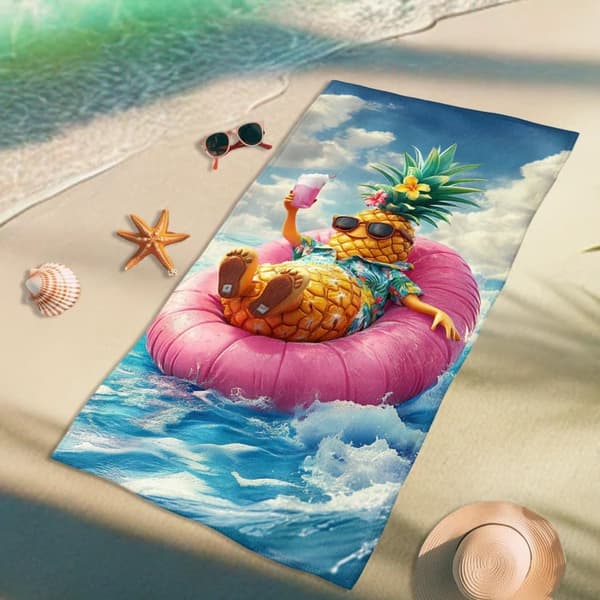 Bomclap Rantapyyhe 70x140cm - Urlaubs - Ananas auf Luftmatratze - Kylpypyyhe Matkapyyhe