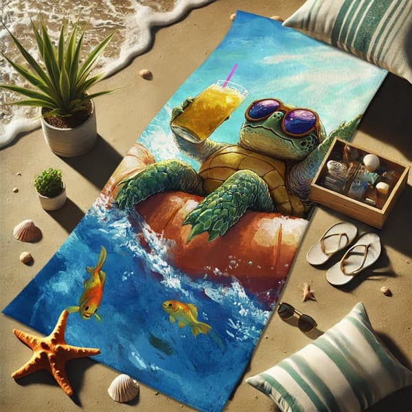 Bomclap Rantapyyhe 70x140cm - Meeresschildkröte mit Sonnenbrille und Getränk auf Luftmatratze - Rantapyyhe Matkapyyhe