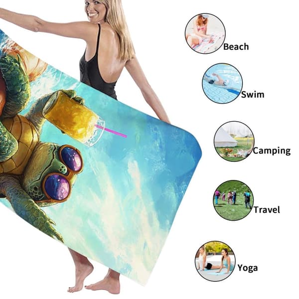 Bomclap Rantapyyhe 70x140cm - Meeresschildkröte mit Sonnenbrille und Getränk auf Luftmatratze - Rantapyyhe Matkapyyhe
