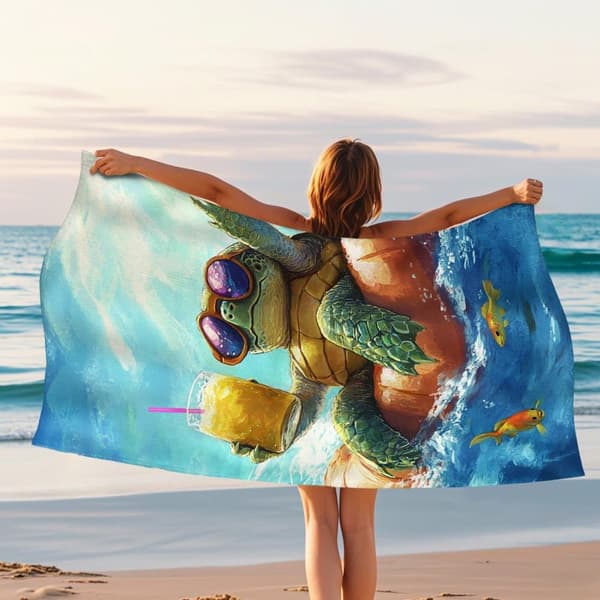 Bomclap Rantapyyhe 70x140cm - Meeresschildkröte mit Sonnenbrille und Getränk auf Luftmatratze - Rantapyyhe Matkapyyhe