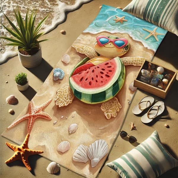 Bomclap Rantapyyhe 70x140cm - Meeresschildkröte mit Sonnenbrille und Wassermelone am Strand - Rantapyyhe Matkapyyhe