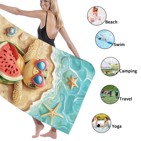 Bomclap Rantapyyhe 70x140cm - Meeresschildkröte mit Sonnenbrille und Wassermelone am Strand - Rantapyyhe Matkapyyhe