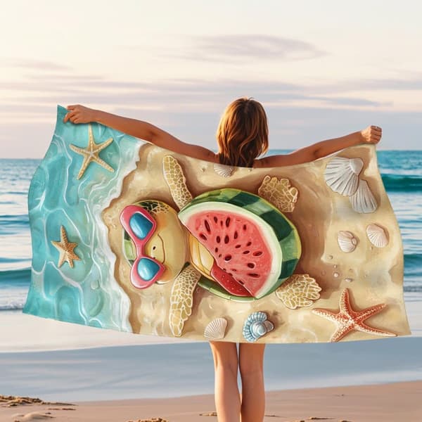 Bomclap Rantapyyhe 70x140cm - Meeresschildkröte mit Sonnenbrille und Wassermelone am Strand - Rantapyyhe Matkapyyhe