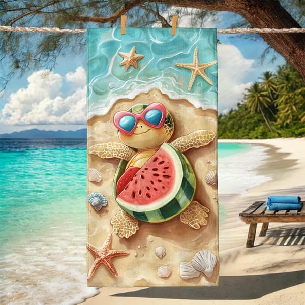 Bomclap Strandhåndklæde 70x140cm - Meeresschildkröte mit Sonnenbrille und Wassermelone am Strand - Strandhåndklæde Rejsehåndklæde