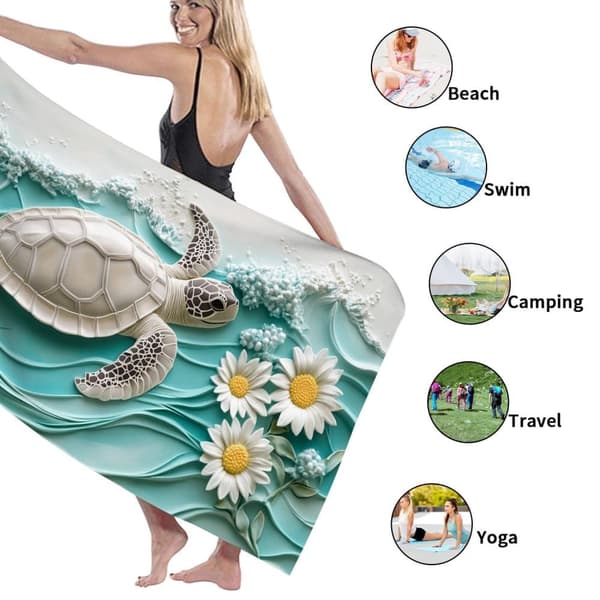 Bomclap Rantapyyhe 70x140cm - Meeresschildkröte mit Margeriten - Motif - Kylpypyyhe Matkapyyhe