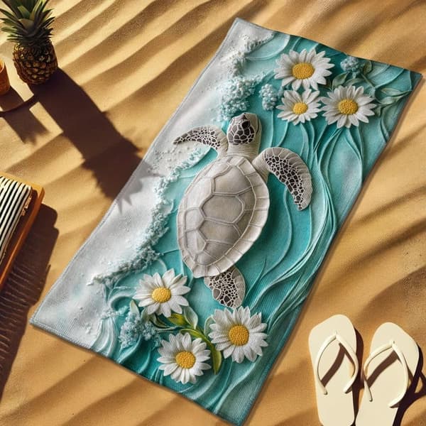 Bomclap Rantapyyhe 70x140cm - Meeresschildkröte mit Margeriten - Motif - Kylpypyyhe Matkapyyhe
