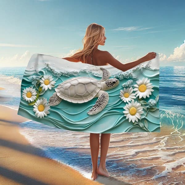 Bomclap Rantapyyhe 70x140cm - Meeresschildkröte mit Margeriten - Motif - Kylpypyyhe Matkapyyhe
