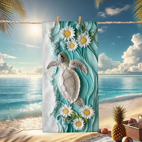 Bomclap Rantapyyhe 70x140cm - Meeresschildkröte mit Margeriten - Motif - Kylpypyyhe Matkapyyhe