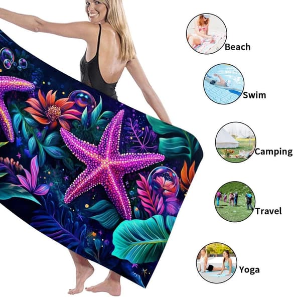 Bomclap Rantapyyhe 70x140cm - Türkisfarbene Seesterne und tropische Blumen - Design - Kylpypyyhe Matkapyyhe