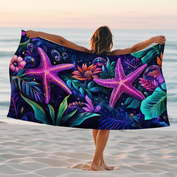Bomclap Strandhåndklæde 70x140cm - Türkisfarbene Seesterne und tropische Blumen - Design - Badehåndklæde Rejsehåndklæde