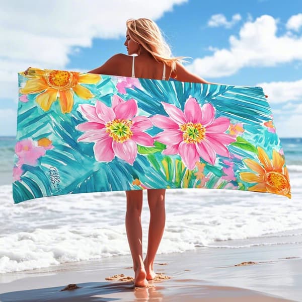 Bomclap Strandhåndklæde 70x140cm - Türkisfarbene Blätter mit pinken und orangenen Blumen - Motiv - Badehåndklæde Rejsehåndklæde