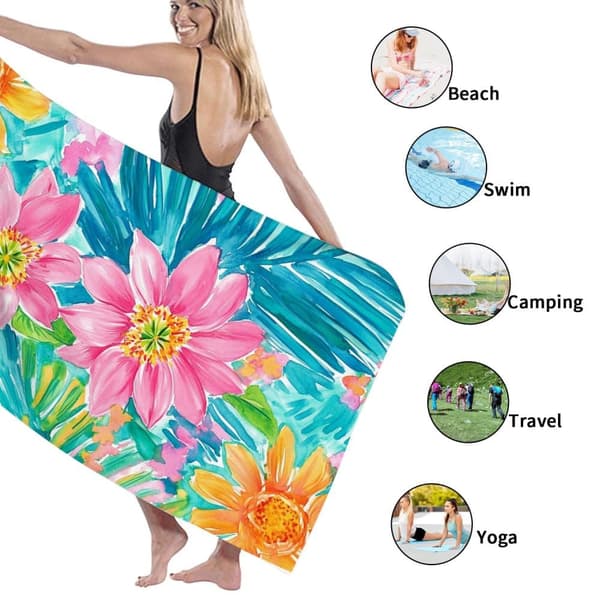 Bomclap Strandhåndklæde 70x140cm - Türkisfarbene Blätter mit pinken und orangenen Blumen - Motiv - Badehåndklæde Rejsehåndklæde