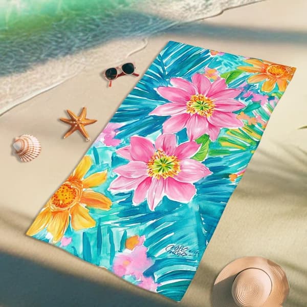 Bomclap Strandhåndklæde 70x140cm - Türkisfarbene Blätter mit pinken und orangenen Blumen - Motiv - Badehåndklæde Rejsehåndklæde