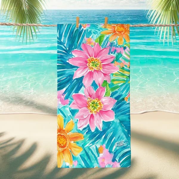 Bomclap Strandhåndklæde 70x140cm - Türkisfarbene Blätter mit pinken und orangenen Blumen - Motiv - Badehåndklæde Rejsehåndklæde