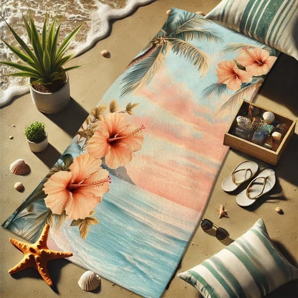Bomclap Strandhåndklæde 70x140cm - Palmen und Hibiscusblumen - Design - Badehåndklæde Rejsehåndklæde