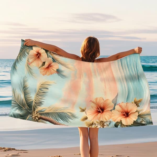Bomclap Strandhåndklæde 70x140cm - Palmen und Hibiscusblumen - Design - Badehåndklæde Rejsehåndklæde