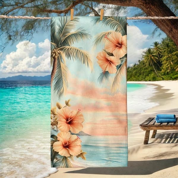 Bomclap Strandhåndklæde 70x140cm - Palmen und Hibiscusblumen - Design - Badehåndklæde Rejsehåndklæde