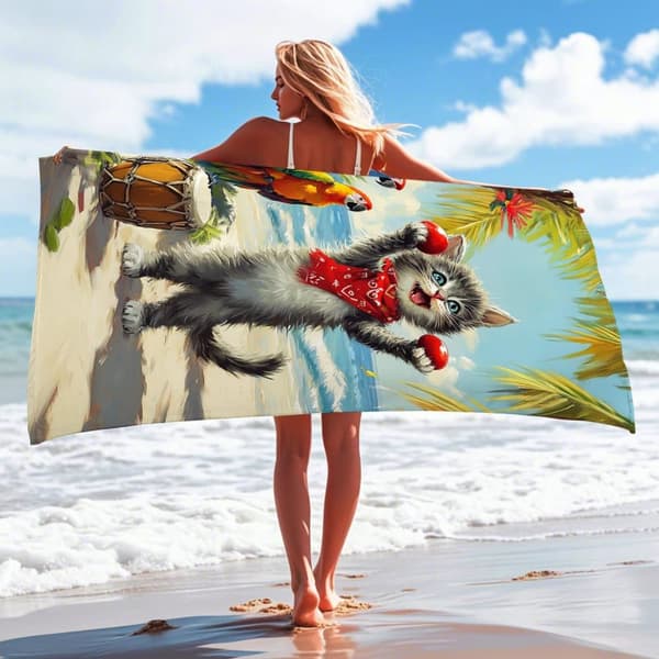 Bomclap Rantapyyhe 70x140cm - Kater mit Marakas und Papagei am Strand - Rantapyyhe Matkapyyhe