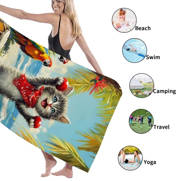 Bomclap Rantapyyhe 70x140cm - Kater mit Marakas und Papagei am Strand - Rantapyyhe Matkapyyhe