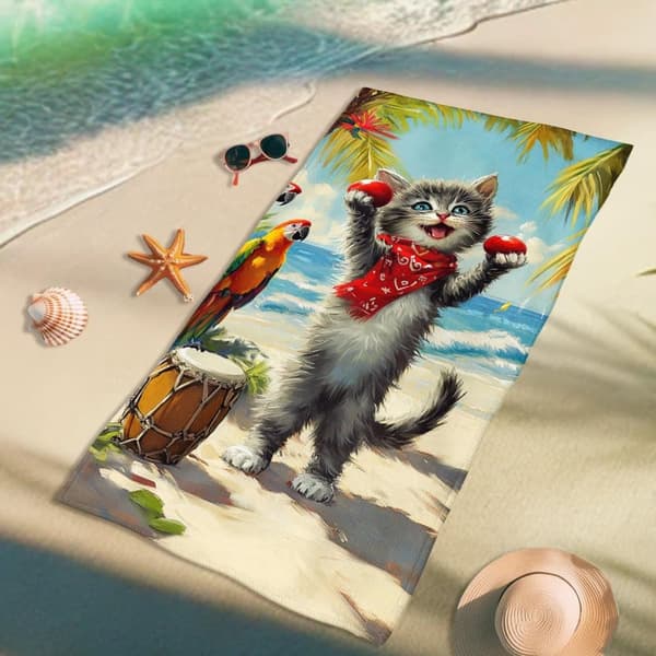 Bomclap Rantapyyhe 70x140cm - Kater mit Marakas und Papagei am Strand - Rantapyyhe Matkapyyhe