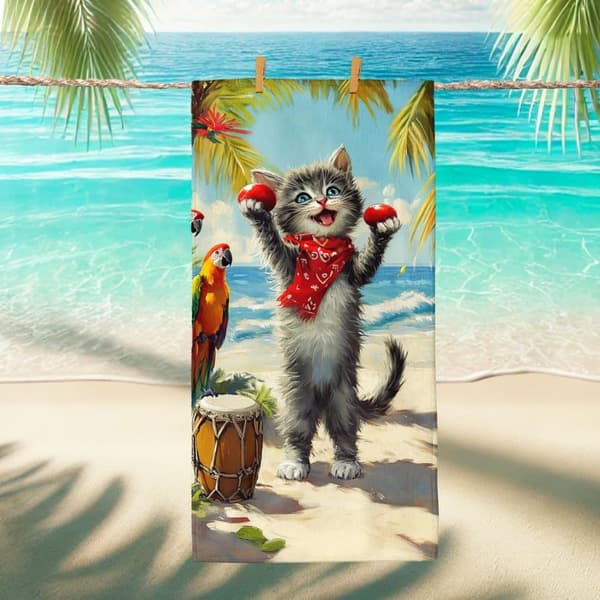 Bomclap Rantapyyhe 70x140cm - Kater mit Marakas und Papagei am Strand - Rantapyyhe Matkapyyhe