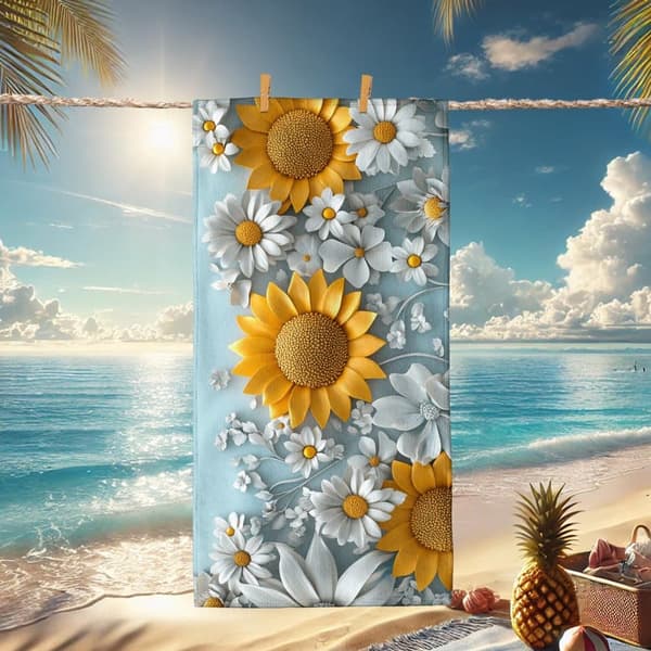 Bomclap Rantapyyhe 70x140cm - Sonnenblumen und Margeriten - Motif - Kylpypyyhe Matkapyyhe