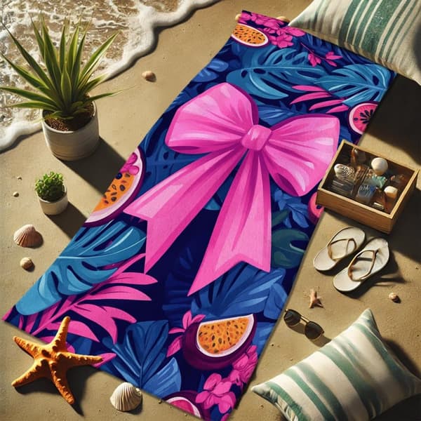 Bomclap Rantapyyhe 70x140cm - Türkisfarbene Blätter mit pinkem Bug und tropischen Früchten - Motif - Kylpypyyhe Matkapyyhe
