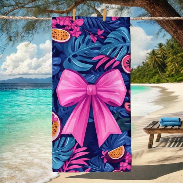 Bomclap Rantapyyhe 70x140cm - Türkisfarbene Blätter mit pinkem Bug und tropischen Früchten - Motif - Kylpypyyhe Matkapyyhe