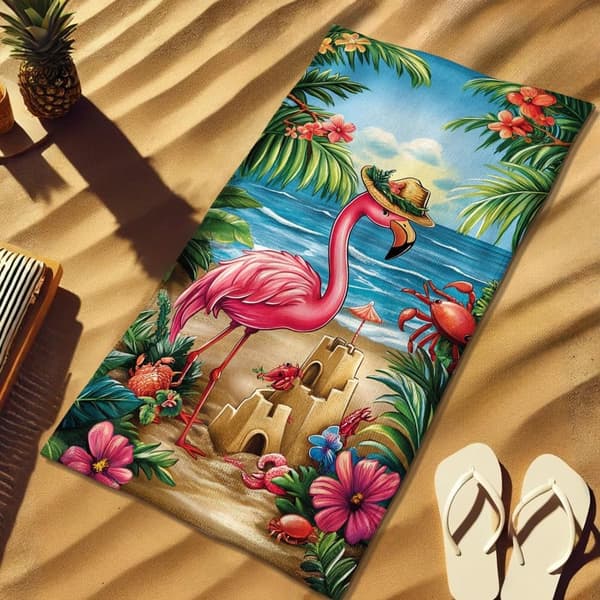 Bomclap Strandhåndklæde 70x140cm - Flamingo am Strand mit Sandburg und Krabben - Strandhåndklæde Rejsehåndklæde