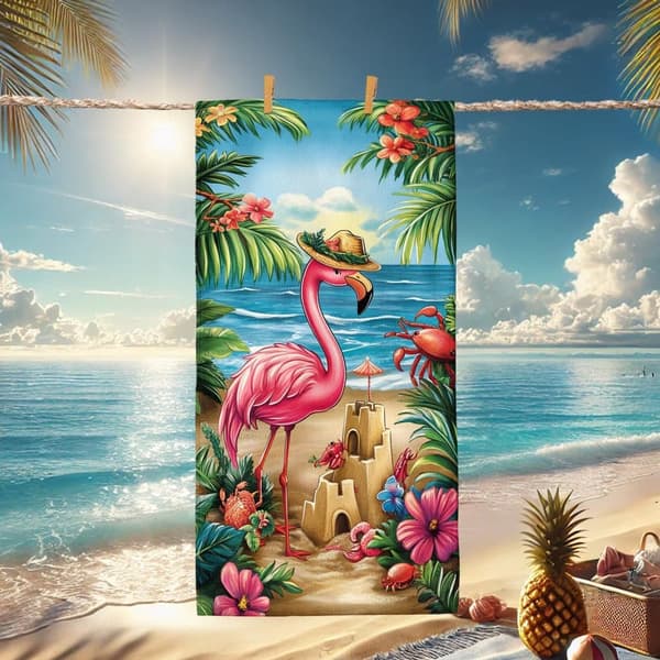 Bomclap Strandhåndklæde 70x140cm - Flamingo am Strand mit Sandburg und Krabben - Strandhåndklæde Rejsehåndklæde