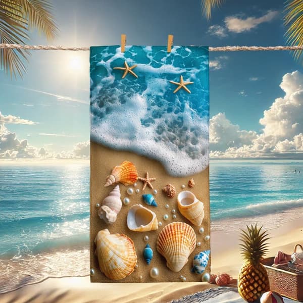 Bomclap Rantapyyhe 70x140cm - Muscheln, Perlen und Seesterne am Strand - Rantapyyhe Matkapyyhe